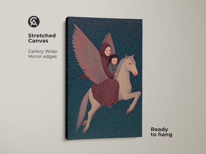 A stretched canvas showcases a surreal fantasy artwork of a mother and child riding a Pegasus. Gallery-wrapped with mirrored edges this piece is ready to hang. The eclectic folk art adds charm to any home decor with its dreamy quality.