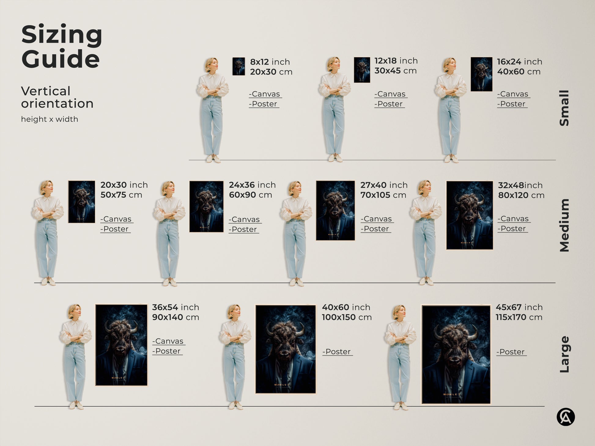A sizing guide for vertical orientation artwork. It shows various sizes from small to large. Each features a buffalo head on a man in a suit. Available in canvas and poster.