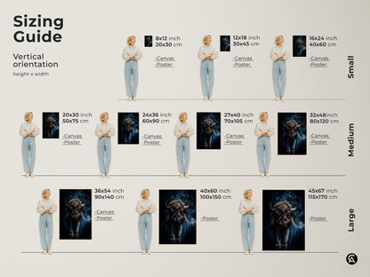 A sizing guide for vertical orientation artwork. It shows various sizes from small to large. Each features a buffalo head on a man in a suit. Available in canvas and poster.