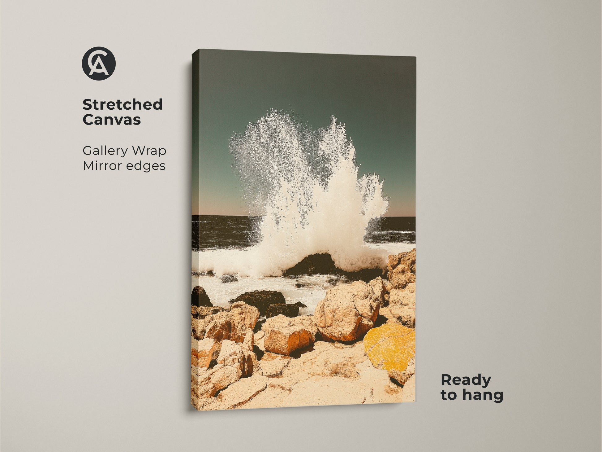 Stretched canvas featuring a teal ocean wave art print. The gallery wrap has mirrored edges. Ready to hang coastal seascape wall art captures a crashing wave on a rocky shore. This beach house canvas art piece brings the ocean indoors adding coastal charm.