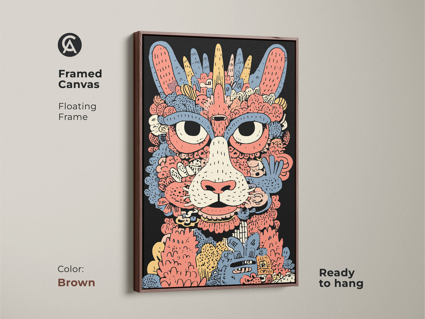 Framed canvas of a whimsical cat monster art print. This abstract doodle has a brown floating frame. The coral yellow and blue tones add warmth to any space. Ready to hang it's a perfect cat lover gift idea and unique home decor choice.