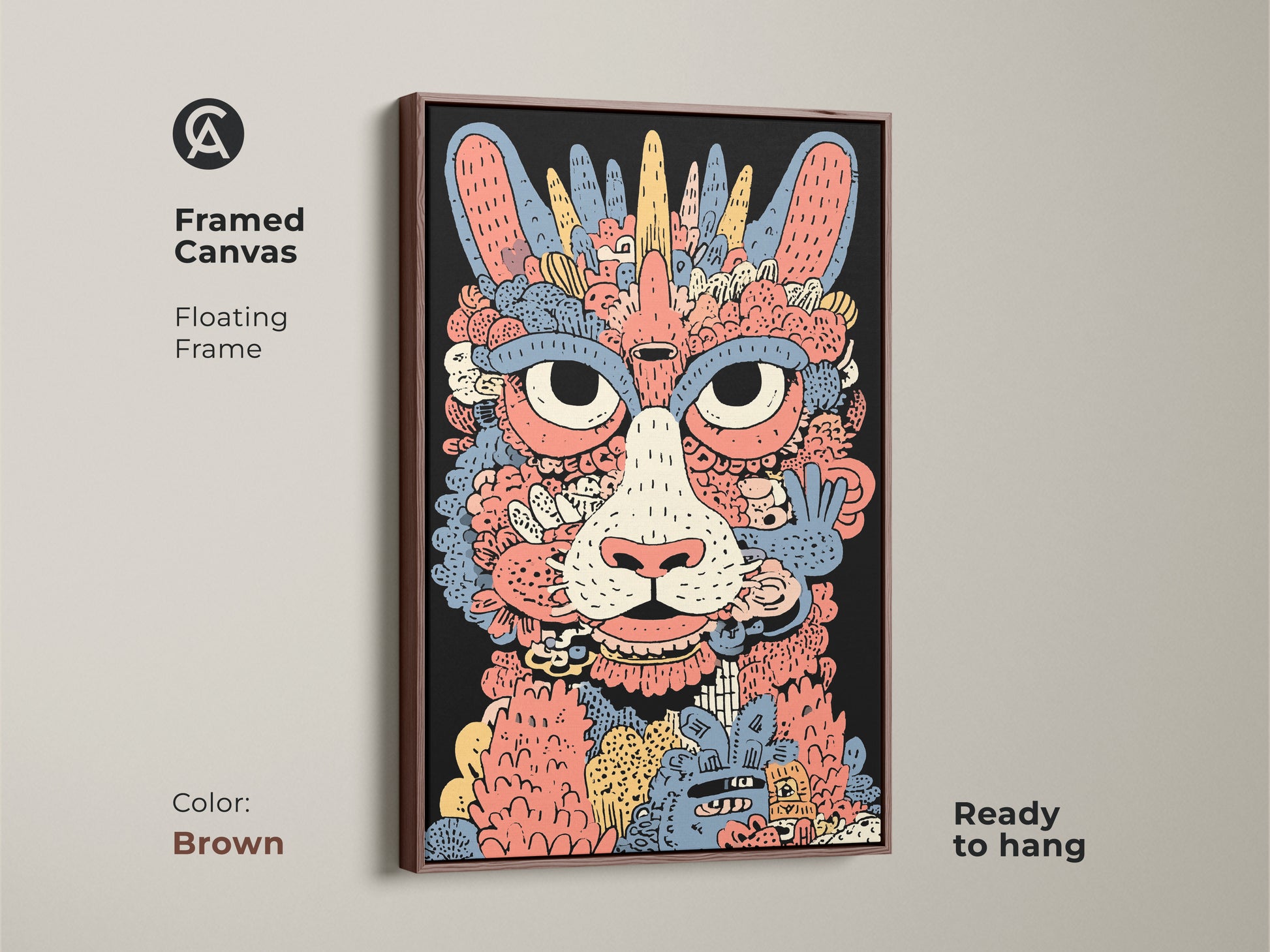 Framed canvas of a whimsical cat monster art print. This abstract doodle has a brown floating frame. The coral yellow and blue tones add warmth to any space. Ready to hang it's a perfect cat lover gift idea and unique home decor choice.
