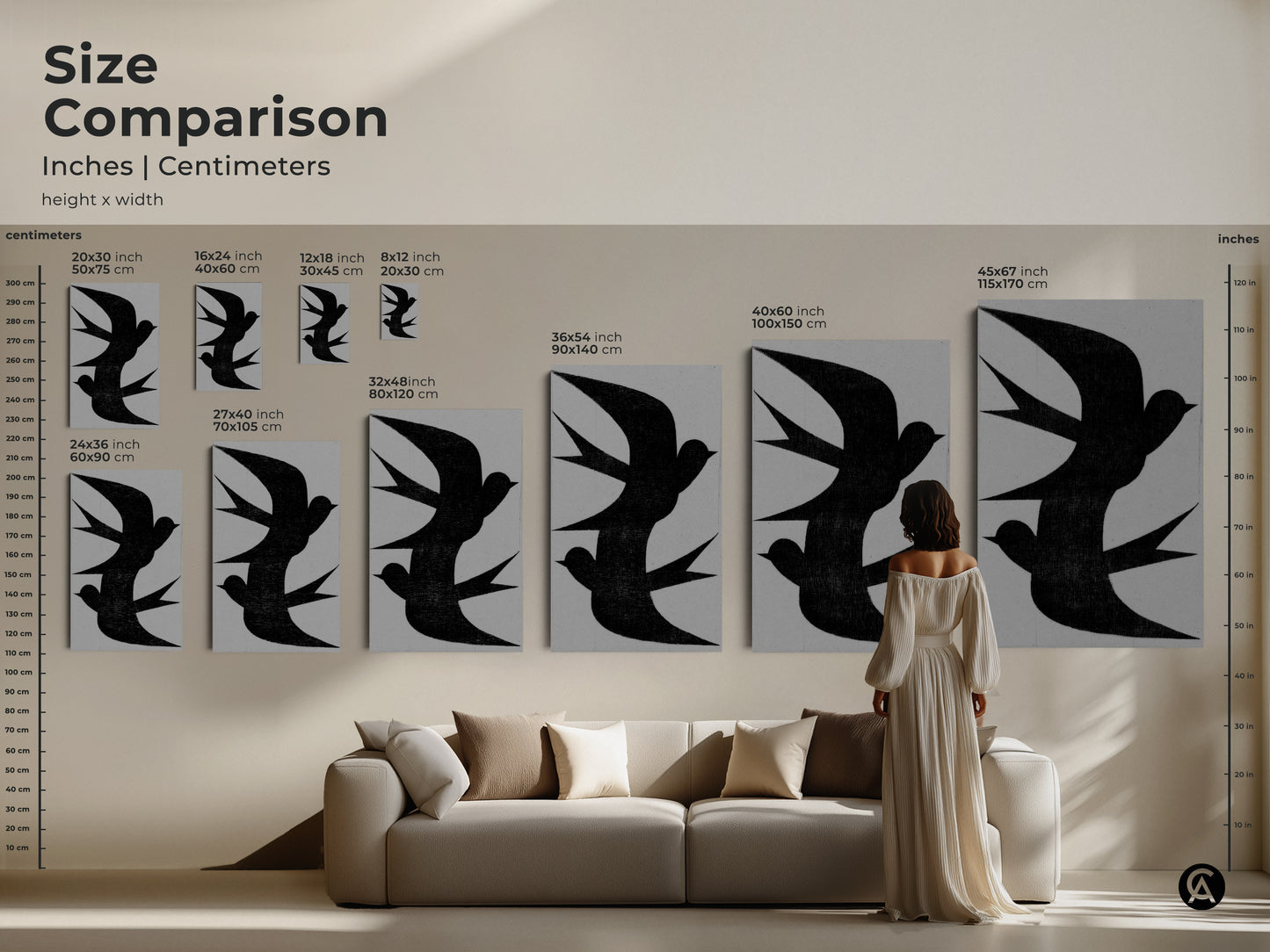 Size comparison of minimalist bird wall art in inches and centimeters. See how abstract black swallow flock art transforms your space. Modern grey nature decor enhances any room. Ideal as a housewarming gift it complements minimalist home decor. The abstract artwork of birds creates a neutral look.