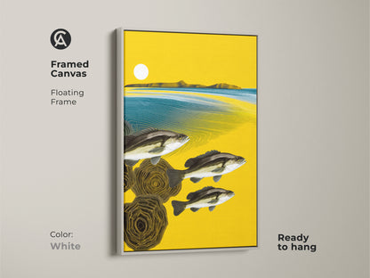 Enhance your decor with this framed abstract fish art. The canvas features a yellow and teal landscape. It arrives ready to hang within a clean white floating frame. Its design seamlessly blends with any interior style.