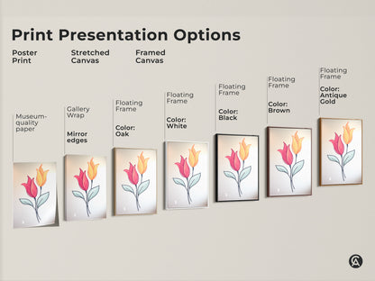 Explore the print presentation options including poster stretched and framed canvas. Discover museum quality paper and gallery wrapped botanical artwork. You can customize your art with black brown white or antique gold floating frames. Enhance your space with Scandinavian style.