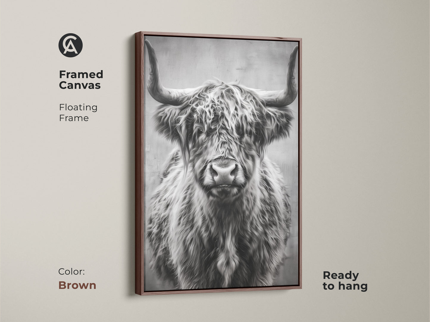 Brown framed canvas featuring a floating frame with a photorealistic highland cow. The monochrome farmhouse wall art is ready to hang enhancing your home with rustic animal art. Perfect barnyard animal decor.