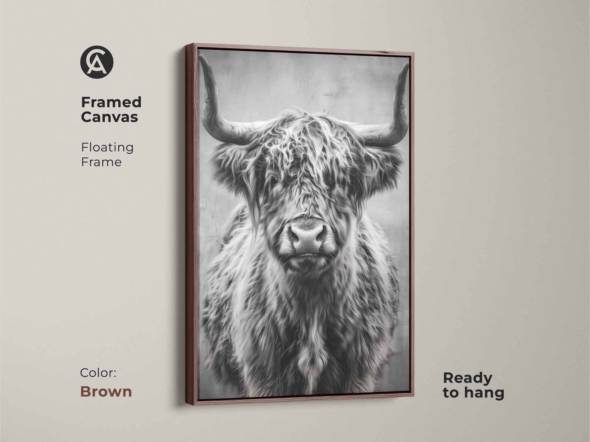 Brown framed canvas featuring a floating frame with a photorealistic highland cow. The monochrome farmhouse wall art is ready to hang enhancing your home with rustic animal art. Perfect barnyard animal decor.