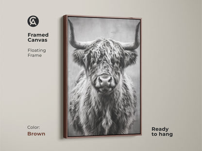 Brown framed canvas featuring a floating frame with a photorealistic highland cow. The monochrome farmhouse wall art is ready to hang enhancing your home with rustic animal art. Perfect barnyard animal decor.