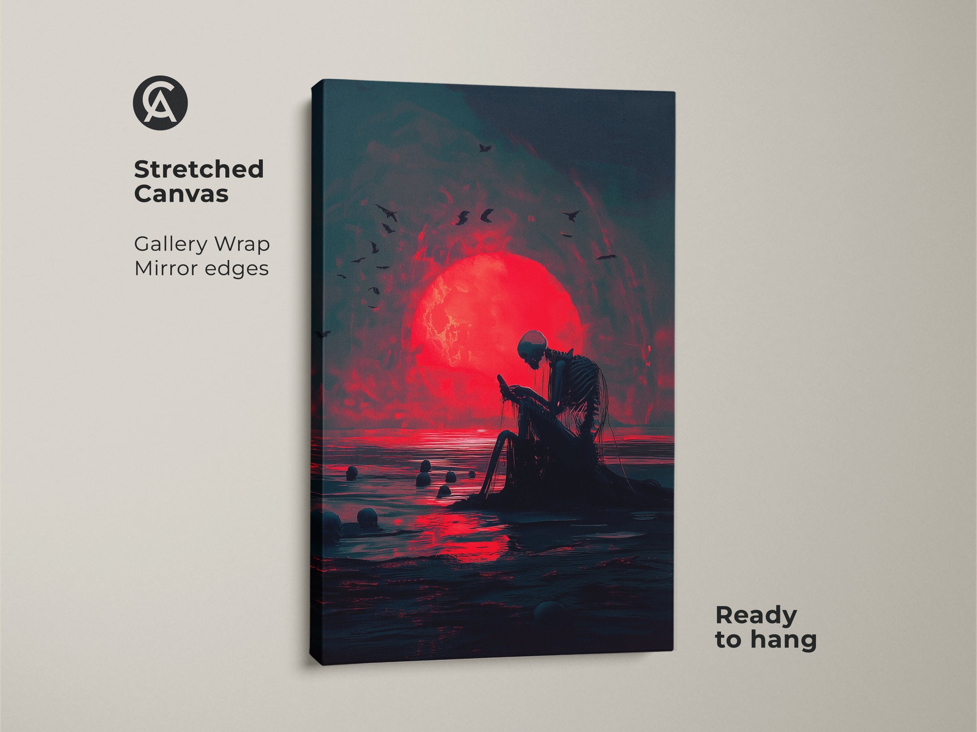 Close-up of a stretched canvas print showcasing art of a skeleton at the ocean with a red moon. This gallery-wrapped canvas features mirrored edges. The canvas is ready to hang. This piece adds dramatic flair to your home art collection. Perfect for those who love gothic or dark art.