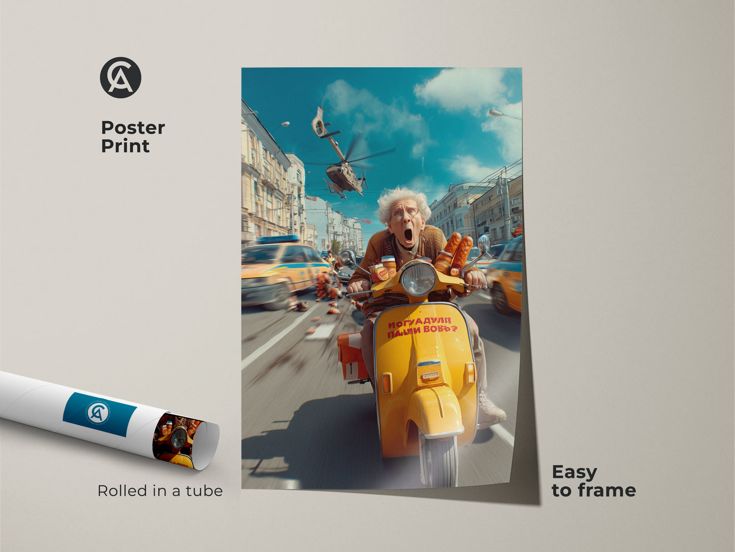 A poster print displays a funny grandma riding a scooter. This art is rolled in a tube for easy framing. The artwork features a surreal cityscape with blue and yellow accents making it a unique and eclectic home decor piece.