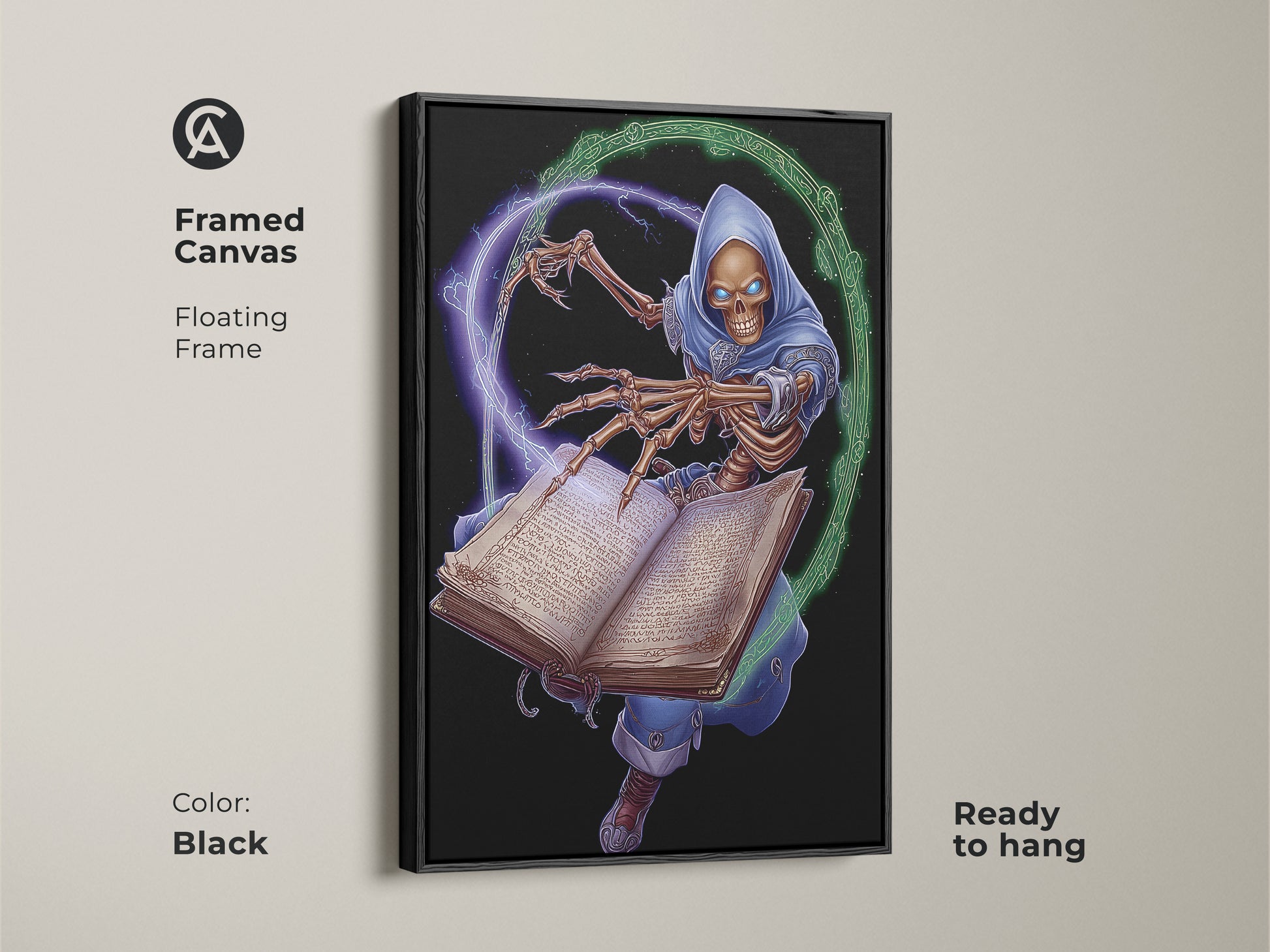 A framed canvas of a skeleton wizard with a floating frame. This dark fantasy art is ready to hang. The blue green magic art adds a touch of occult study decor. The hooded skeleton print is perfect for eclectic home decor.