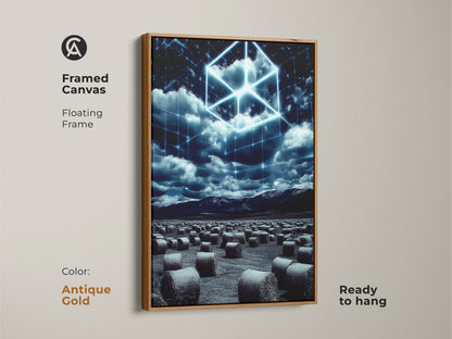 Framed Canvas of a Tech Landscape with an Electric Blue Cube. The antique gold floating frame adds a touch of elegance. This abstract art is a unique piece of contemporary wall decor. It's an ideal gift for tech enthusiasts.