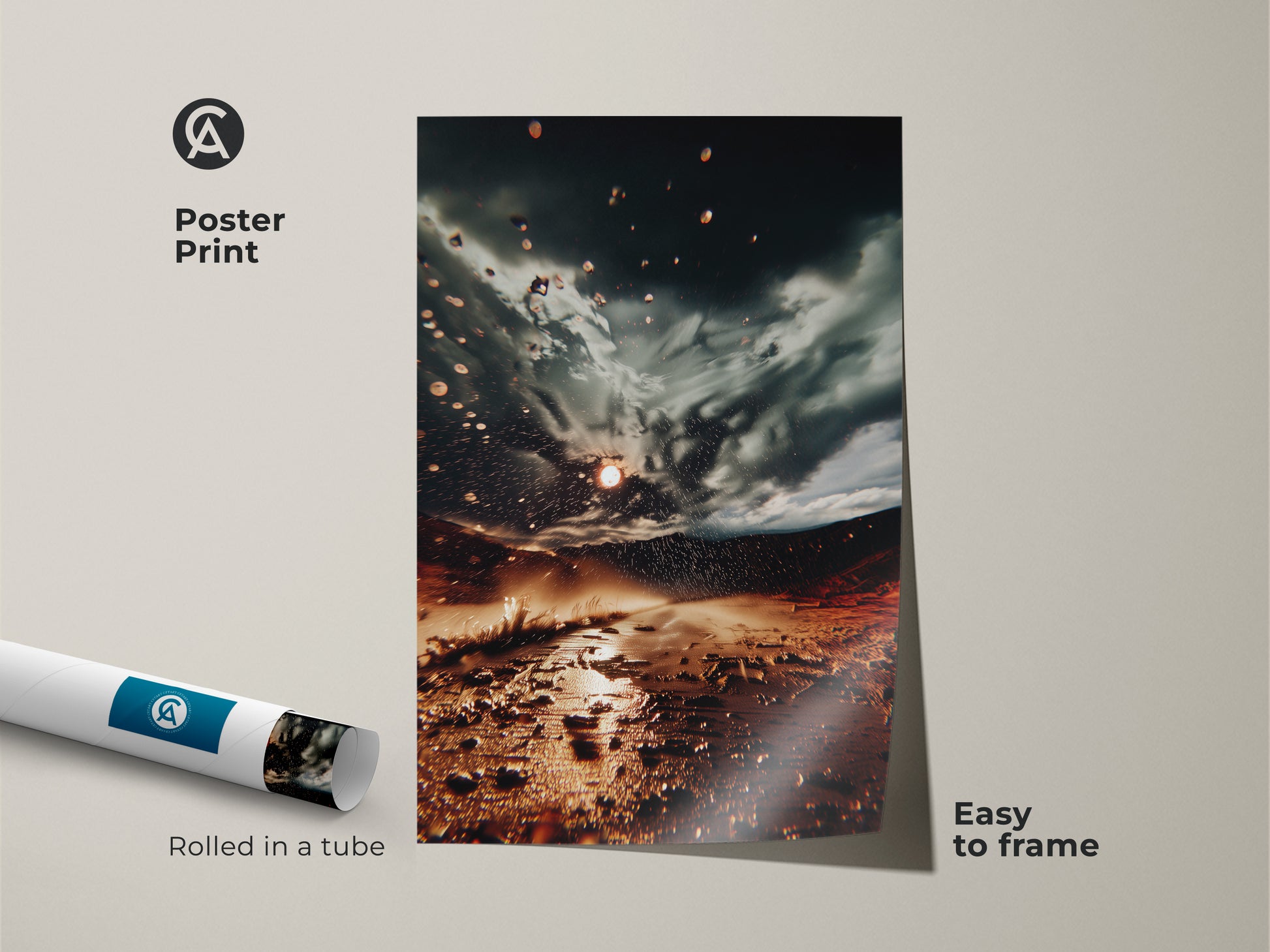 Poster Print of a stormy sky landscape art. This abstract desert nature artwork is easy to frame. Rolled in a tube for protection makes it a unique wall hanging print for travel lovers.