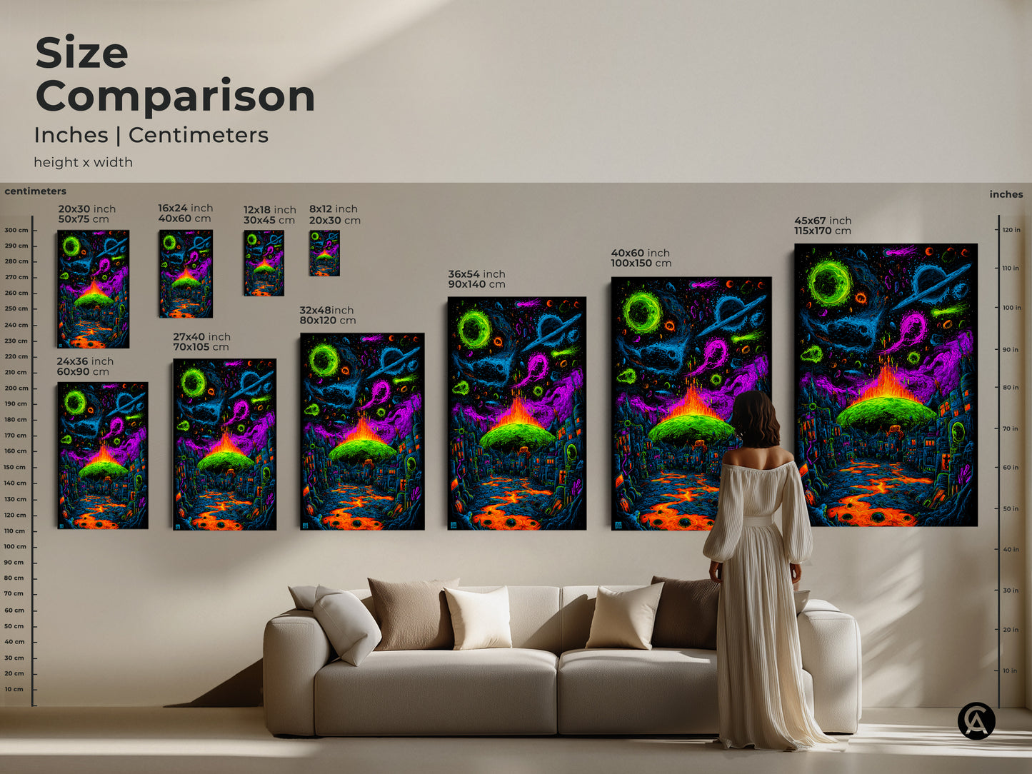 See the size comparison of this artwork in inches and centimeters. Visualize how the artwork will look in your space. Available in multiple sizes it features a neon city and cosmic planets. Find the perfect fit for your home decor.