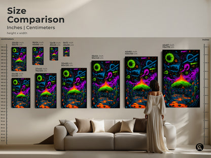 See the size comparison of this artwork in inches and centimeters. Visualize how the artwork will look in your space. Available in multiple sizes it features a neon city and cosmic planets. Find the perfect fit for your home decor.