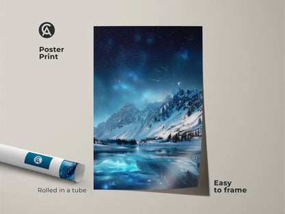 A poster print of Starry Night Sky Over Mountain Lake. This azure night sky print comes rolled in a tube. The art is easy to frame. Perfect as deep blue reflection decor for any stargazer celestial gift.