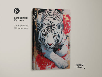 Stretched canvas art featuring a white tiger with red roses. This gallery wrapped canvas has mirror edges. Ready to hang this expressive wildlife art will make a statement in your home.