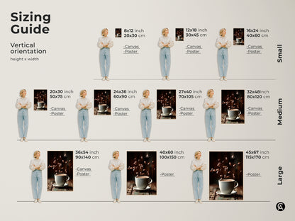 This sizing guide shows vertical orientations. It features a minimalist coffee cup art with falling beans. The canvas and poster options range from small to large. This guide illustrates how the artwork fits in different room sizes. It helps visualize the perfect fit for any space.