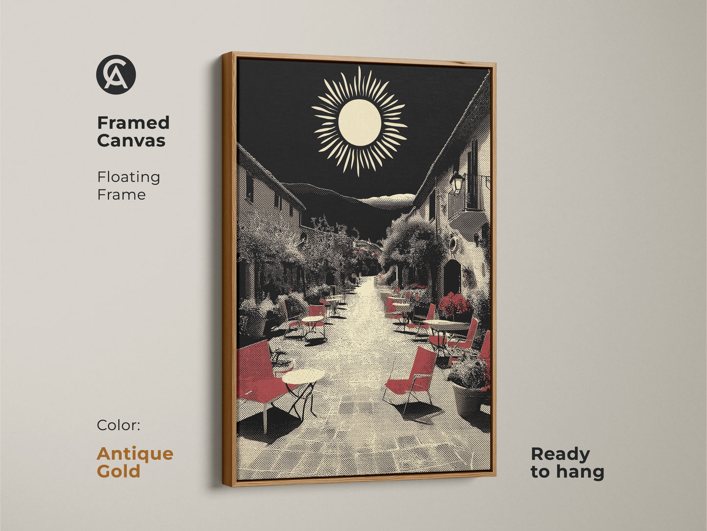 This framed canvas presents Mediterranean village street artwork in an antique gold floating frame. A ready-to-hang housewarming art gift featuring red seating under a retro sun. The black and beige wall decor accentuates a European cafe scene. Perfect for travel enthusiasts seeking wanderlust wall decor and vintage travel art.