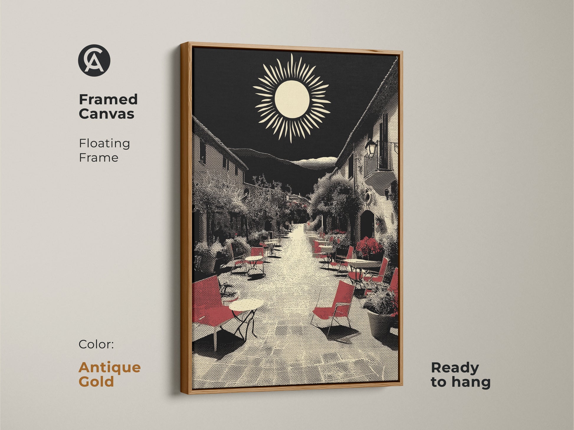 This framed canvas presents Mediterranean village street artwork in an antique gold floating frame. A ready-to-hang housewarming art gift featuring red seating under a retro sun. The black and beige wall decor accentuates a European cafe scene. Perfect for travel enthusiasts seeking wanderlust wall decor and vintage travel art.
