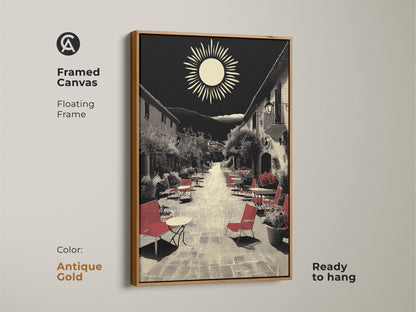 This framed canvas presents Mediterranean village street artwork in an antique gold floating frame. A ready-to-hang housewarming art gift featuring red seating under a retro sun. The black and beige wall decor accentuates a European cafe scene. Perfect for travel enthusiasts seeking wanderlust wall decor and vintage travel art.
