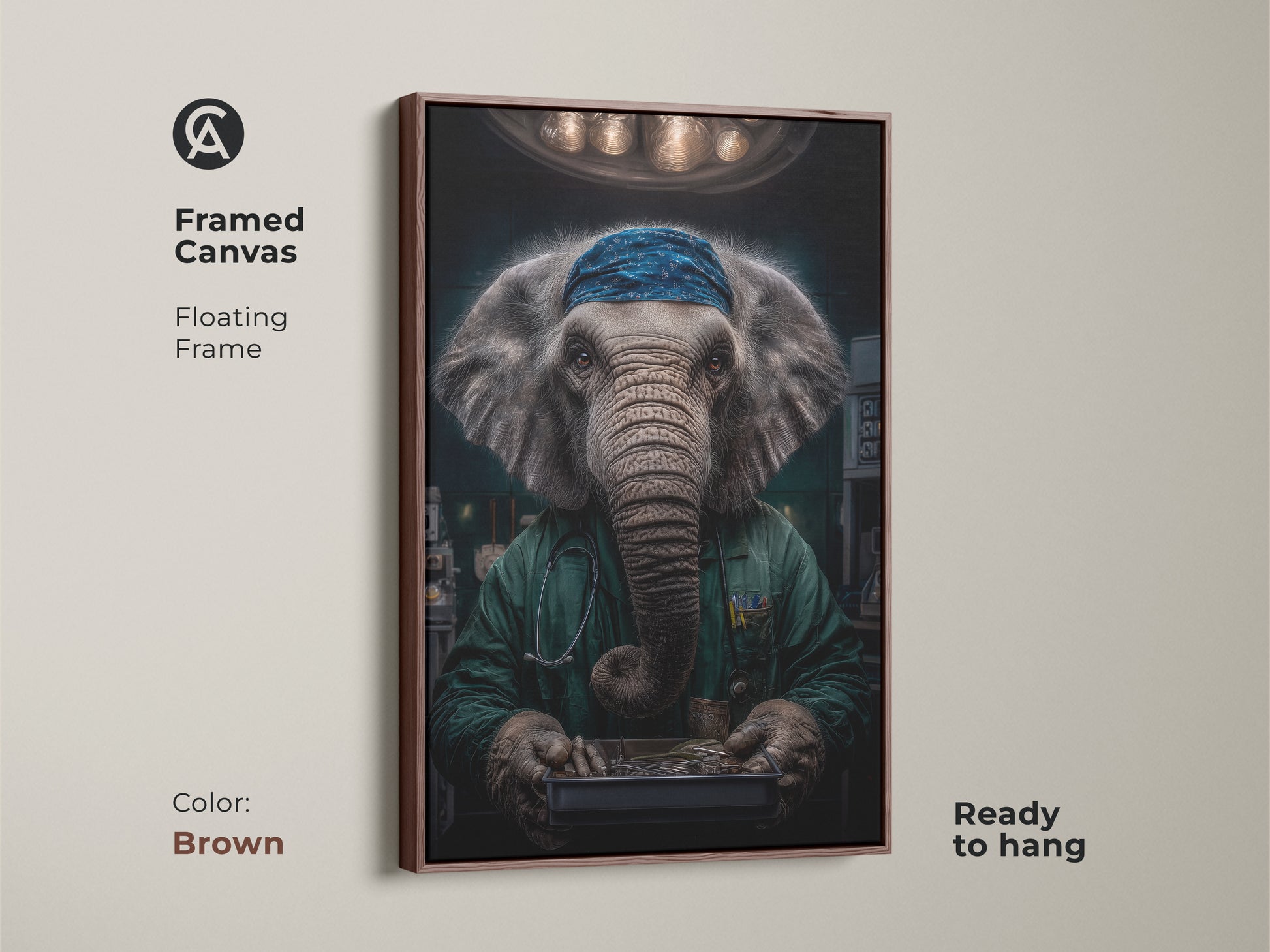 Framed canvas art showcasing an elephant surgeon in a brown floating frame. The teal and green scrubs add a modern touch. This medical animal art is ready to hang. Ideal as veterinarian clinic decor or an animal in scrubs print.