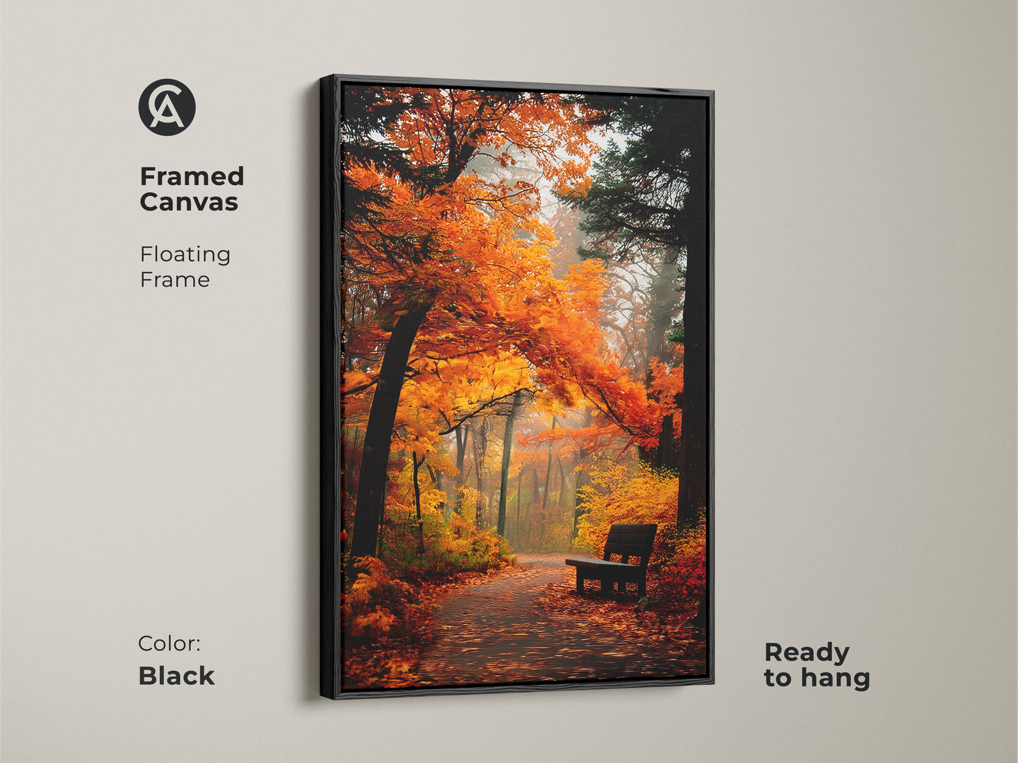 Elevate your home decor with this framed canvas artwork. The scene portrays an autumn park with radiant orange trees and a peaceful bench. The floating frame in black adds a touch of elegance. Ready to hang this piece brings the beauty of nature into your living space.