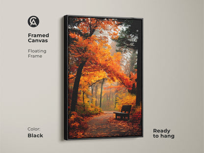 Elevate your home decor with this framed canvas artwork. The scene portrays an autumn park with radiant orange trees and a peaceful bench. The floating frame in black adds a touch of elegance. Ready to hang this piece brings the beauty of nature into your living space.