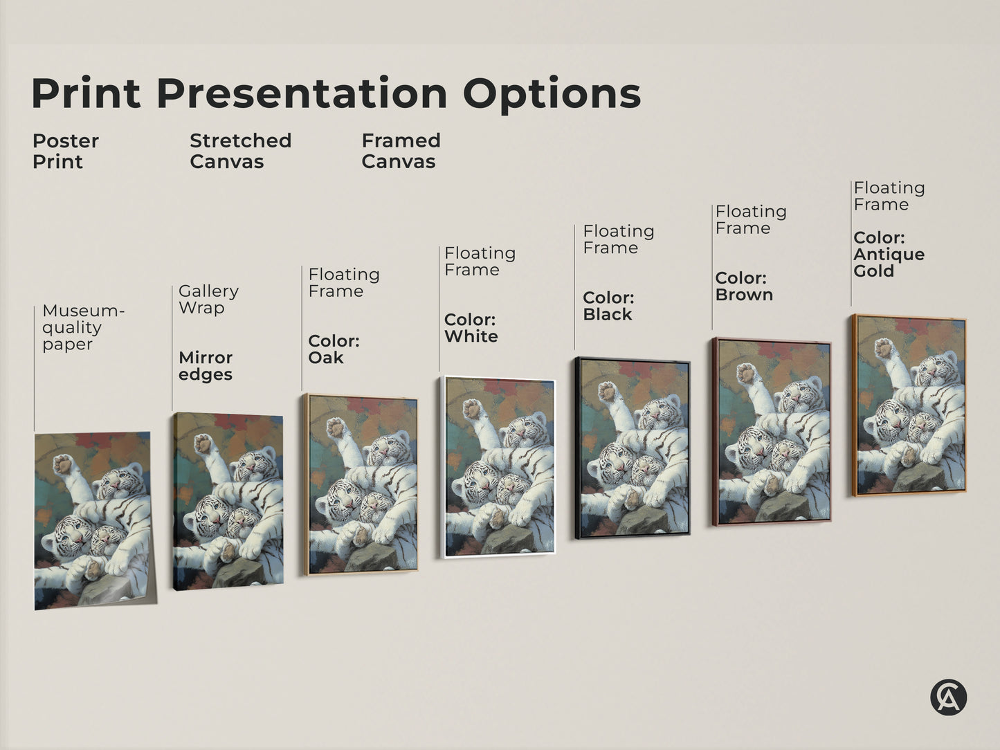 Print presentation options showcasing realistic white tiger cubs art. Choose from poster print stretched canvas or framed canvas. Options include gallery wrap mirror edges and floating frames in oak white black brown and antique gold. Find the perfect wildlife feline canvas print for your eclectic home decor.