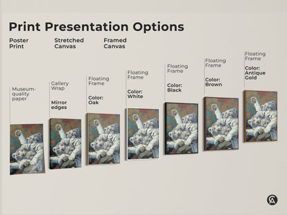 Print presentation options showcasing realistic white tiger cubs art. Choose from poster print stretched canvas or framed canvas. Options include gallery wrap mirror edges and floating frames in oak white black brown and antique gold. Find the perfect wildlife feline canvas print for your eclectic home decor.