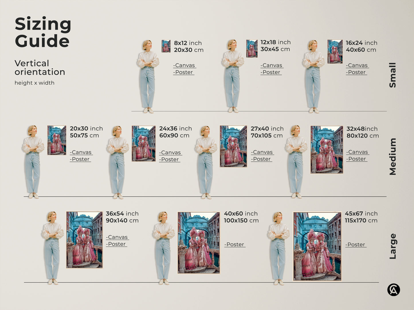 Sizing guide for Venetian Carnival artwork. Artwork is available in small medium and large sizes. Each artwork size is displayed next to a woman for reference. Find the perfect size for your space.