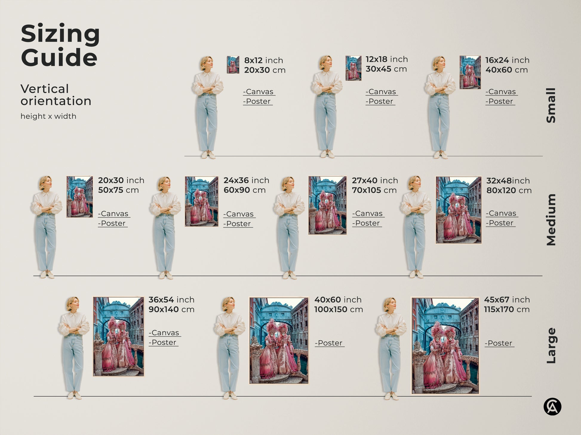 Sizing guide for Venetian Carnival artwork. Artwork is available in small medium and large sizes. Each artwork size is displayed next to a woman for reference. Find the perfect size for your space.