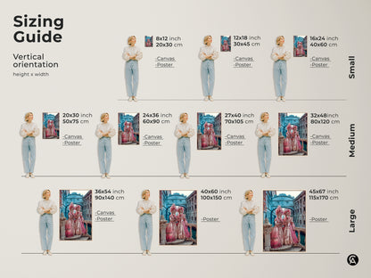 Sizing guide for Venetian Carnival artwork. Artwork is available in small medium and large sizes. Each artwork size is displayed next to a woman for reference. Find the perfect size for your space.