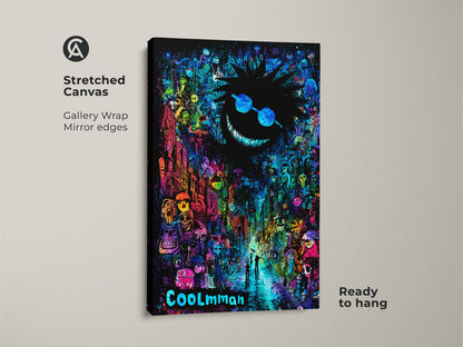 Stretched canvas COOLmman art. Gallery wrapped with mirrored edges this canvas features a grinning face with sunglasses looming over a psychedelic street scene. This canvas is ready to hang.