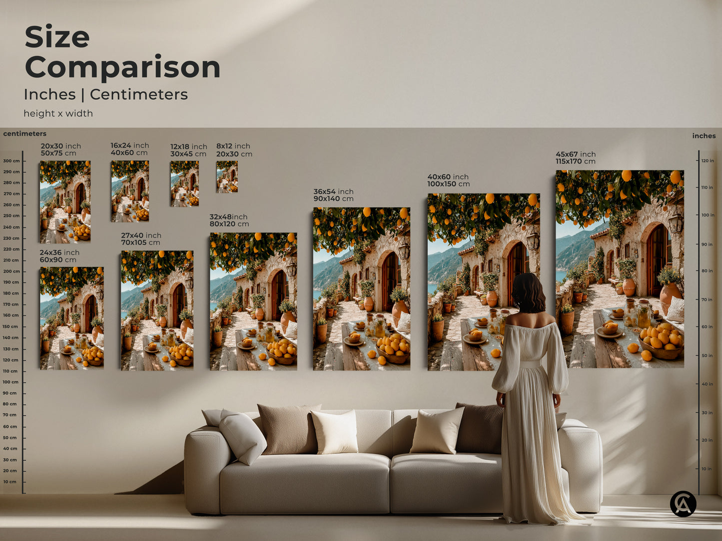 Size comparison of Mediterranean lemon tree art in inches and centimeters. Various sizes are displayed above a sofa to showcase scale. Perfect for adding coastal charm to any living space this artwork enhances your home decor.