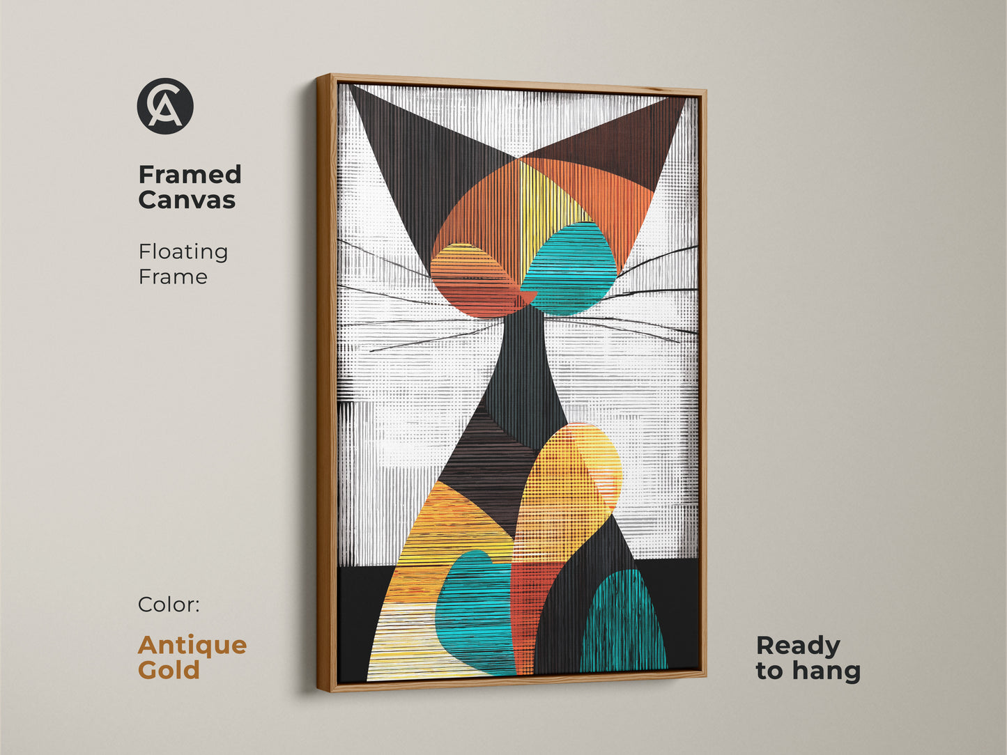 Antique Gold framed canvas of geometric abstract cat. This floating frame mid century modern artwork is ready to hang. This teal orange and yellow art enhances any wall.