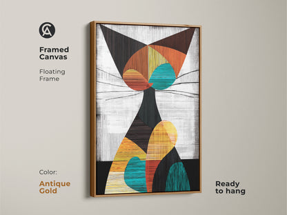 Antique Gold framed canvas of geometric abstract cat. This floating frame mid century modern artwork is ready to hang. This teal orange and yellow art enhances any wall.
