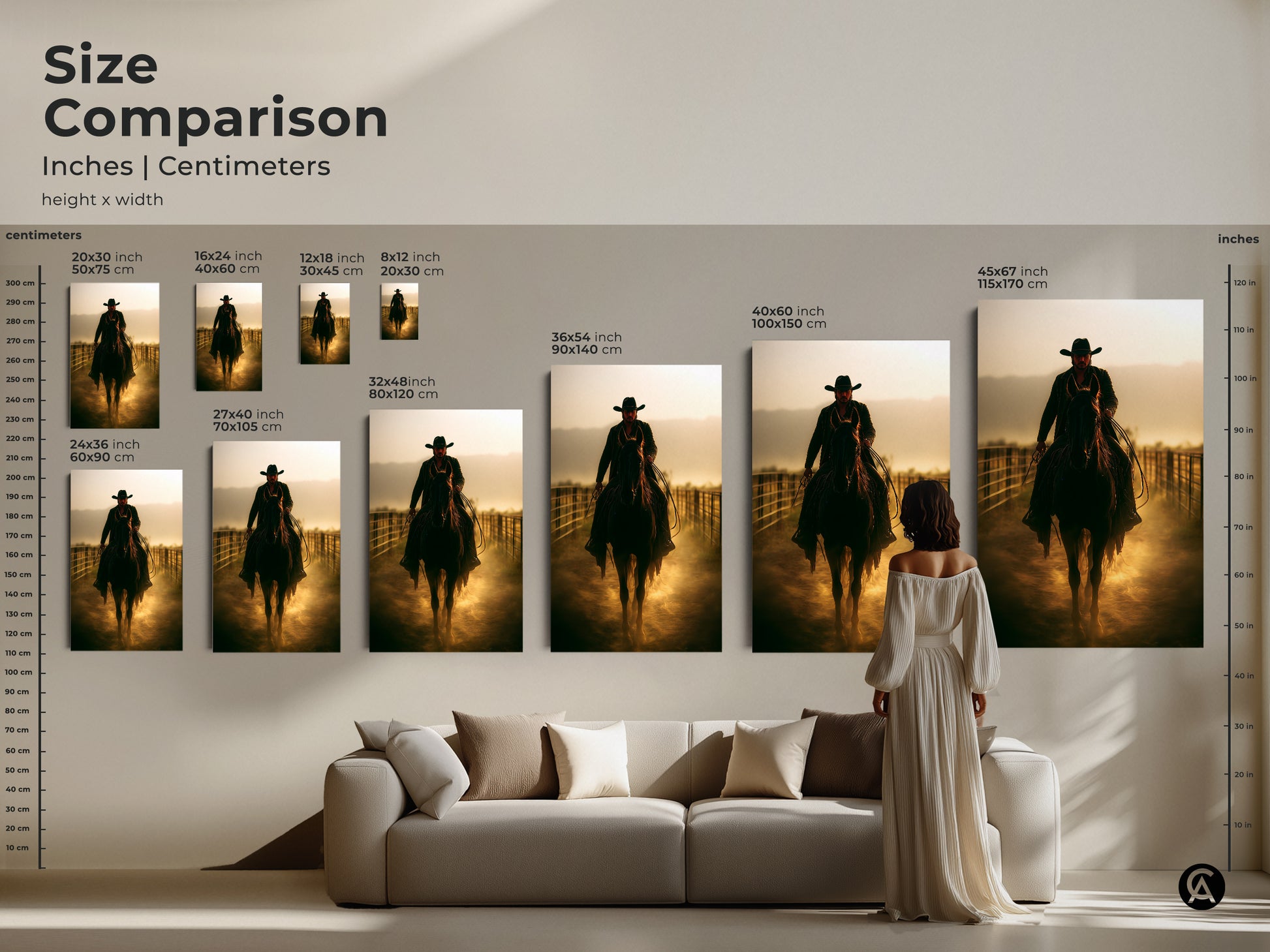 Size Comparison of Cowboy on Horseback Art. Inches Centimeters are both displayed. Multiple sizes are shown above a sofa for scale. Visualize the rustic Western art in your living space. Perfect for country Western decor enthusiasts.