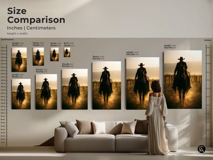 Size Comparison of Cowboy on Horseback Art. Inches Centimeters are both displayed. Multiple sizes are shown above a sofa for scale. Visualize the rustic Western art in your living space. Perfect for country Western decor enthusiasts.