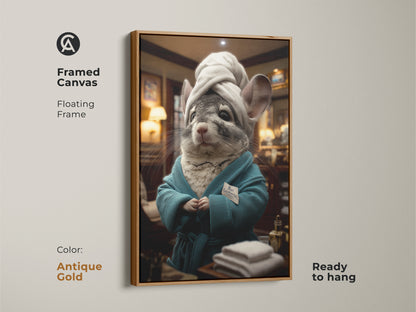 Framed canvas art showcases a chinchilla spa day scene. The floating frame adds a stylish touch. The antique gold frame enhances the artwork. It arrives ready to hang. This funny animal poster is a unique gift. Perfect for eclectic decor and spa-themed bathrooms. A whimsical addition to any home spa.