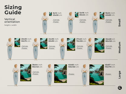 Sizing guide for vertical coastal art prints. Options include canvas and poster formats. Sizes range from small 8x12 to large 45x67 inches. A teal ocean landscape artwork with rocky cliffs fits various spaces. Find the perfect size for coastal living room or bedroom ocean view art.