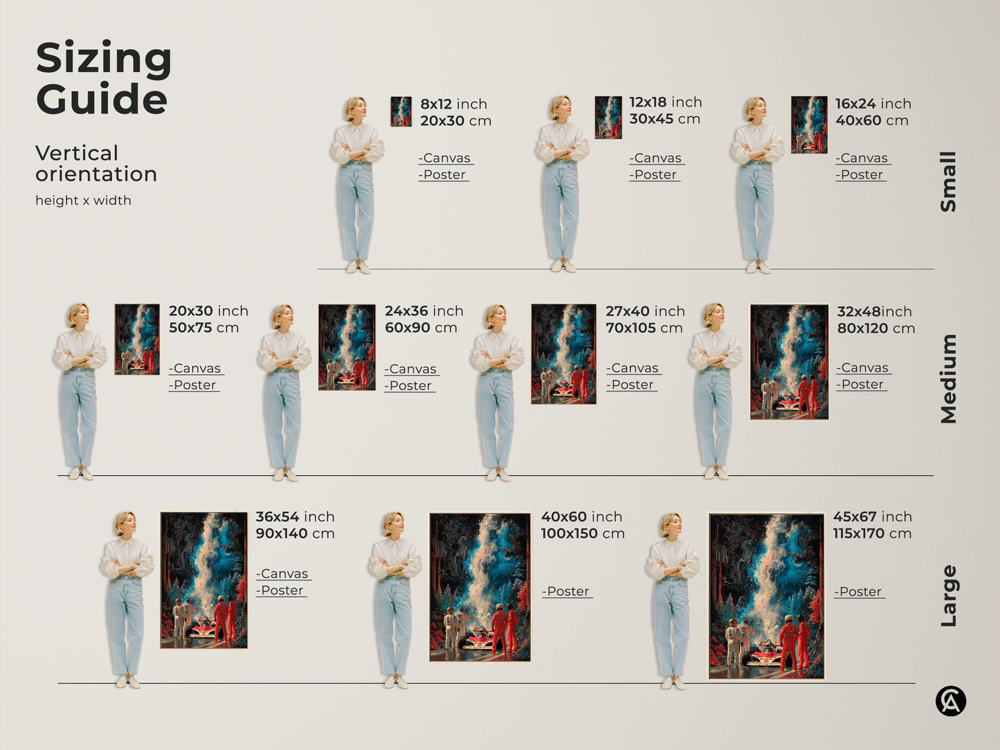 Sizing guide showcasing vertical abstract Formula 1 art. See canvas and poster options. Find the perfect fit for your space. Ideal for adding contemporary speed artwork to any room. Modern office artwork.