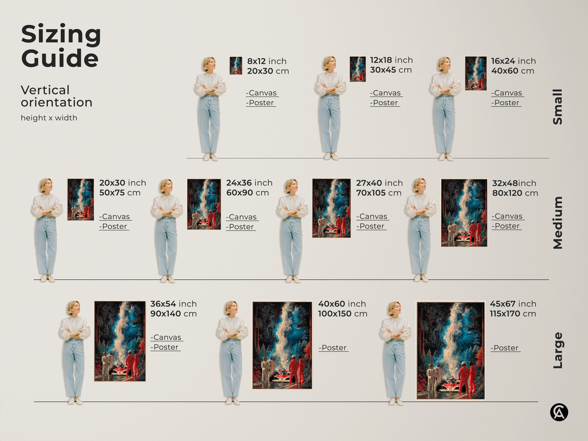 Sizing guide showcasing vertical abstract Formula 1 art. See canvas and poster options. Find the perfect fit for your space. Ideal for adding contemporary speed artwork to any room. Modern office artwork.