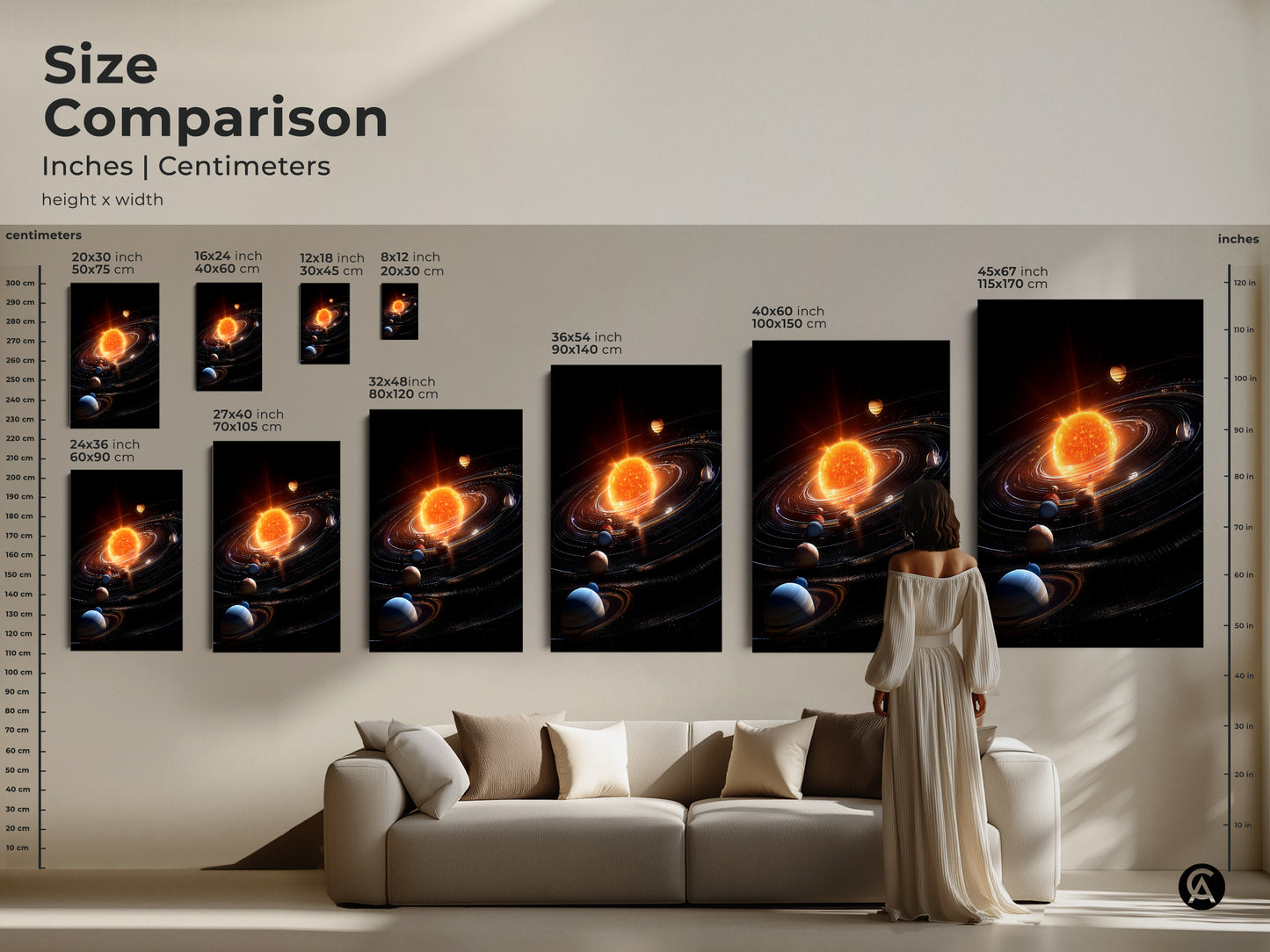 Compare sizes of solar system artwork. Inches and centimeters are shown. Visualize how each canvas or poster print fits in your living space. From small to large find the perfect piece to enhance your home decor with cosmic art.