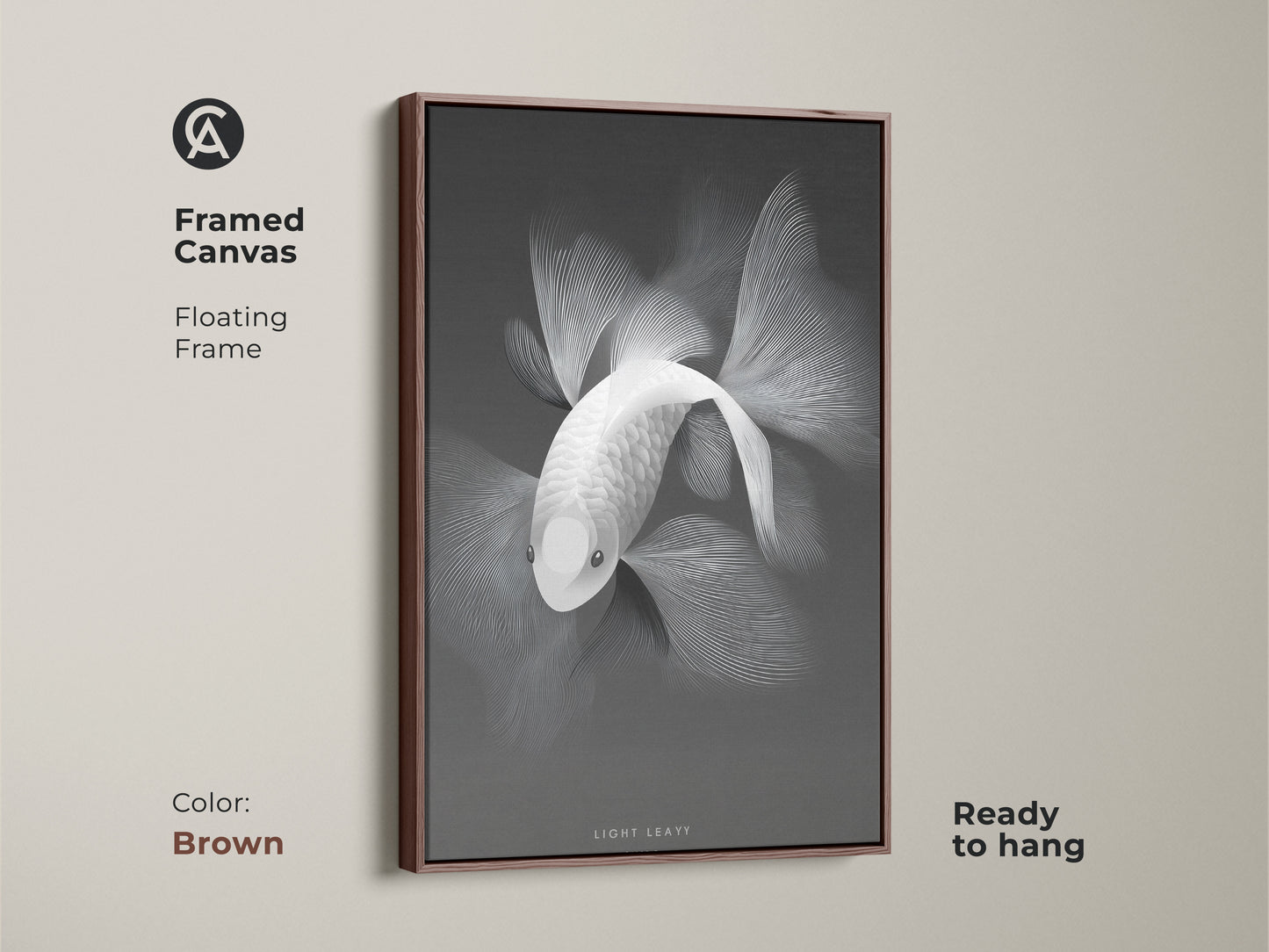Monochrome fish artwork displayed in a framed canvas. The floating frame is a brown color that enhances the art. The canvas is ready to hang. It's an elegant addition to any interior. Browse framed canvas artwork for a refined aesthetic.