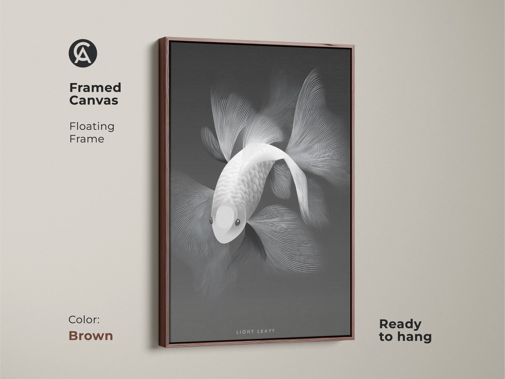Monochrome fish artwork displayed in a framed canvas. The floating frame is a brown color that enhances the art. The canvas is ready to hang. It's an elegant addition to any interior. Browse framed canvas artwork for a refined aesthetic.