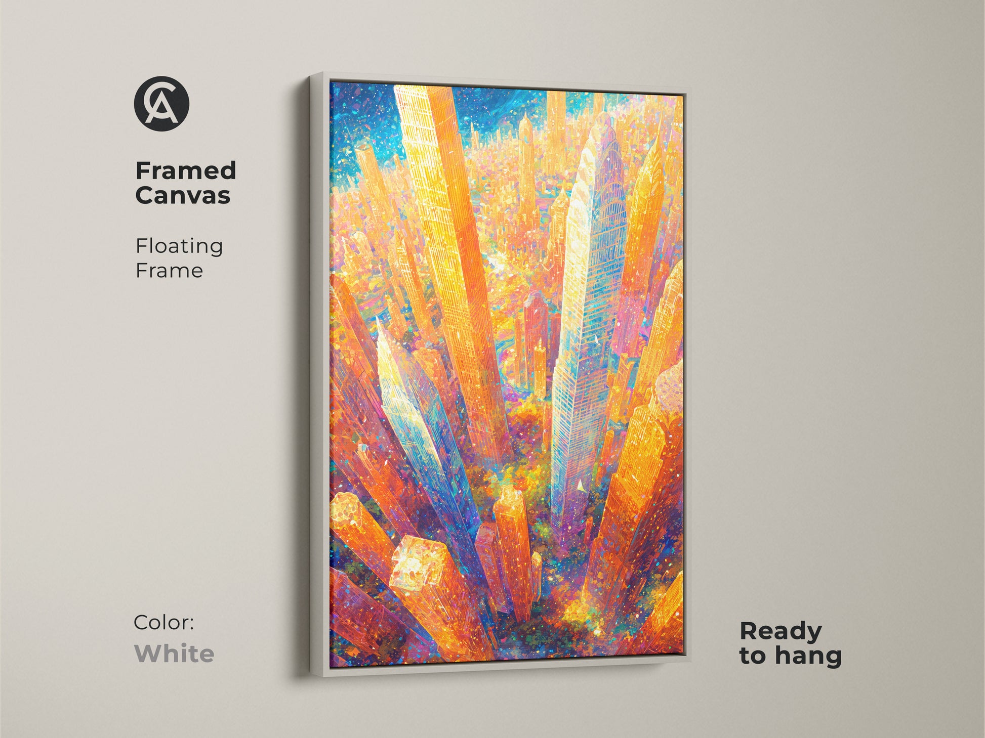 Framed canvas art showcases a modern cityscape artwork. A white floating frame complements the art. This ready-to-hang piece is perfect for adding a clean urban aesthetic to your space.