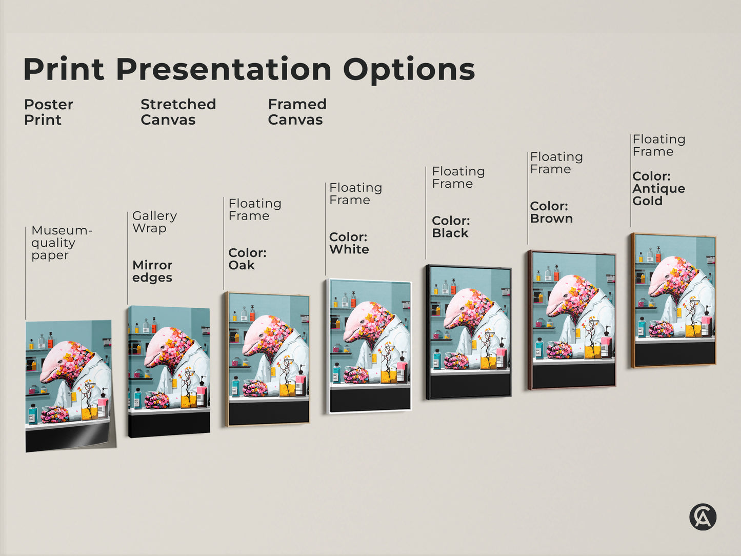 Sizing guide showcasing vertical orientations of the surreal dolphin scientist art. Available sizes include small medium and large. This pink floral animal wall art is a unique piece of eclectic office decor perfect as science lover wall decor