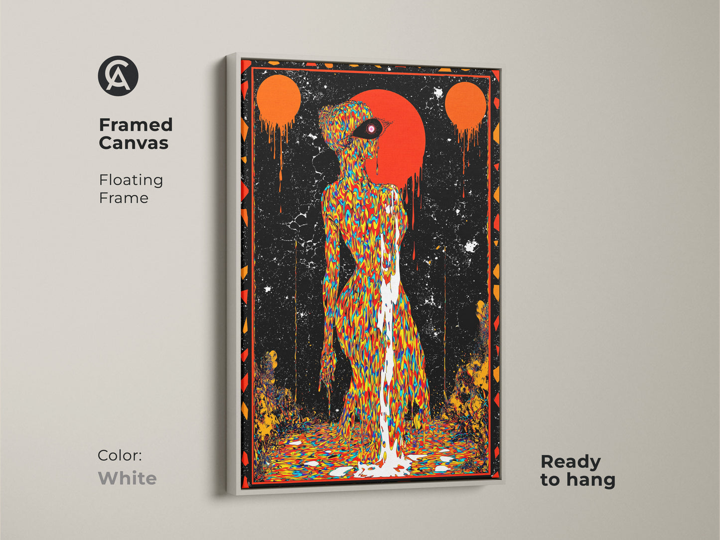 White framed canvas showcasing psychedelic figure art. Perfect wall decor for any room in your home. This surreal drip effect art print is a unique find. A multi colored canvas with bold black accents. Elevate your space with this eclectic home decor art. This abstract face wall art stands out.