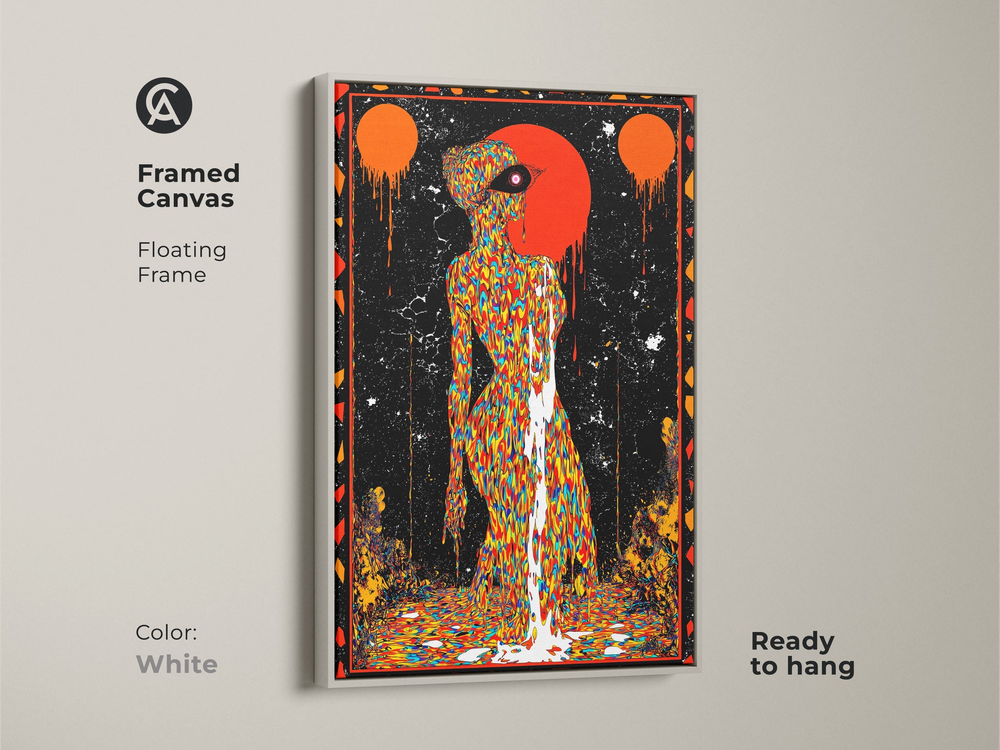 White framed canvas showcasing psychedelic figure art. Perfect wall decor for any room in your home. This surreal drip effect art print is a unique find. A multi colored canvas with bold black accents. Elevate your space with this eclectic home decor art. This abstract face wall art stands out.